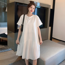 Pregnant women summer clothes 2021 new fat mm large size short-sleeved dress thin stitching chiffon pleated skirt summer