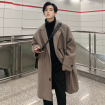 Mens windbreaker long ins autumn and winter harbor wind woolen loose Joker coat trend Korean casual woolen coat