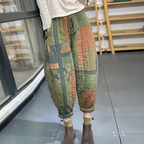 Shore autumn and winter new elastic waist retro art printing pit stripes loose slim linen cotton Harlan pants women