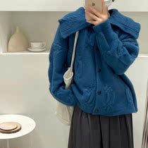 Spring new retro large lapel single-breasted foreign knit cardigan thick loose doll collar sweater coat women