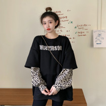Western style pregnant womens spring and autumn coat tide mother loose fashion fake two pieces of stitching sweater womens autumn and winter clothes