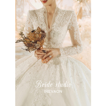Retro long sleeve main wedding dress temperament 2021 new bride big tail princess style female lace high