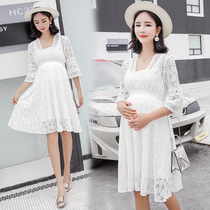 Pregnant woman white lace dress suit 2021 summer dress new out of fashion small fresh foreign style two-piece set