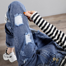 2021 new style ripped jeans womens summer thin straight loose high waist thin tide ins beggar Harun