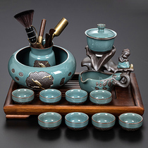 Lazy tea set tea maker Gao kiln Chinese retro Stone Mill semi-automatic rotating water home living room gift high-end
