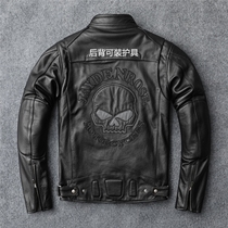 New Harley leather men short leather collar head cowhide embroidery motorcycle leather jacket fluorescent strip coat cool