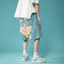 Beach pants mens summer ice silk quick-drying out printed shorts Tide brand loose size five-point pants big pants thin pants