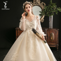 Pregnant woman light wedding dress 2021 new simple bride long sleeve temperament Mori Super Fairy Palace wind Starry Sky tail large size