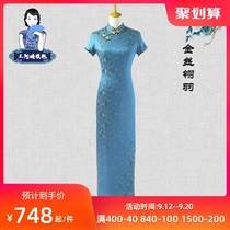 Aunt Wang cheongsam new peacock blue heavy silk long dress temperament Chinese style retro mulberry silk