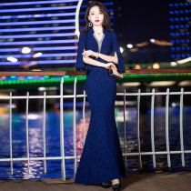 Blue evening dress female 2021 New banquet temperament high-end mother wedding banquet senior sense long fishtail host skirt