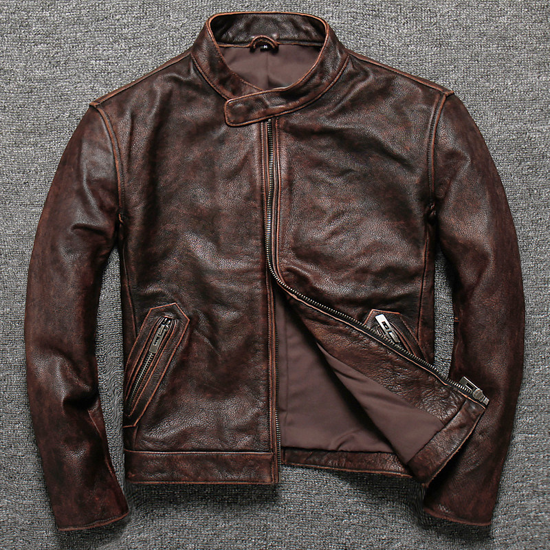 Head layer cowhide leather mens stand collar leather leather short slim new locomotive pick up leak leather jacket casual jacket