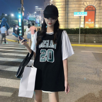 Blue ball suit womens loose Korean version of the small summer 2021 new mid-length short-sleeved t-shirt fake two-piece ins top