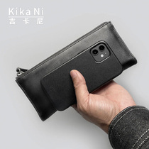 Jikani simple mobile phone Bag Mens clutch bag small bag tanned leather leather clutch leather zipper bag tide