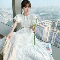 French retro temperament thin dress womens 2021 summer new white bubble sleeve pleated fairy skirt