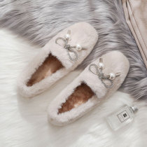 Hong Kong fur shoes women wear 2021 new autumn and winter a pedal cute plus velvet bow flat cotton laddy shoes tide