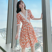 SANDRO VICARI floral dress female summer 2021 new small fresh sweet v-neck lace stitching skirt