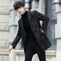 Mens wool coat long autumn and winter trend slim British style plus fluff woolen woolen coat windbreaker men