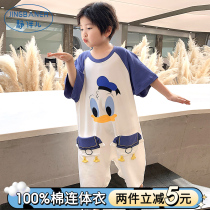 One-piece pajamas boys summer air-conditioning kick-proof cotton boy baby big childrens jumpsuit home clothes thin