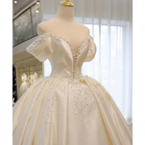 Satin main wedding dress bride 2021 new temperament trailing princess court French light out yarn one shoulder