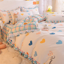 Korean ins Wind bed sheets bed skirt four-piece cotton cotton girl princess style simple quilt cover dormitory three-piece set 4
