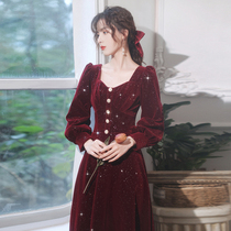 Velvet Toast Bride 2021 New Wine Long Cover Arm Wedding Back Evening Dress Autumn and Winter Long Sleeve