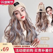 Wig womens long hair wig hat one fashion Net red knitted hat long curly hair full head set simulation human hair Silk