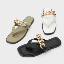 Small CK2021 summer metal chain soft bottom clip toe flip flops wear flat half-drag sandals women 70380863