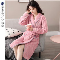 Nightgown womens winter coral fleece pajamas thickened plus fleece autumn winter flannel home clothes winter long warm bathrobes