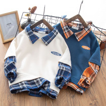 Boy round neckline sweatshirt 2022 spring pure cotton flap checkered with a large child casual leave of two sets