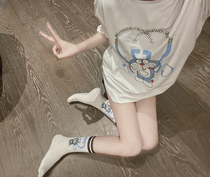 Small tide brand robot cat Doraemon cartoon rhinestone letters age reduction loose T-shirt womens 2021 summer new
