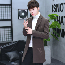 Mens coat 2021 autumn and winter New embroidery long windbreaker Korean version trend slim handsome woolen coat