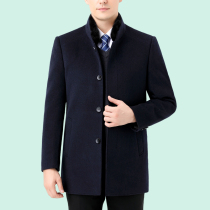 Hengyuanxiang mens mink wool stand collar cashmere coat double fabric middle-aged business wool down jacket thickened winter