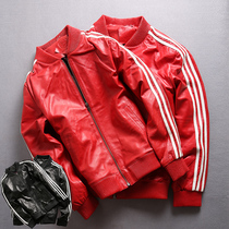 Leather baseball suit for men and women couple sheepskin baseball suit Three bars Beckham leather leather jacket