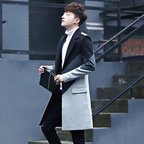 Autumn windbreaker men long Tide brand woolen coat men Korean handsome slim knee woolen coat autumn and winter