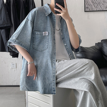 Denim Shirt Male Port Wind Retro Loose 50% sleeve shirt Han version Trend 100 hitch Tide Cards Short Sleeve Blouse Jacket
