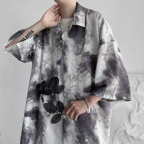 Tie-dyed shirt jacket Mens ins summer thin shirt jacket Loose trend wild short-sleeved top suit Ruffian handsome