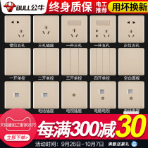 Bull switch socket G28 champagne gold 86 type large board household USB five-hole wall switch panel concealed socket
