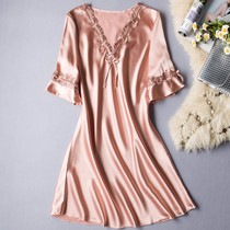 Fashion Sleeping Dress Woman Summer Ice Silk Midi Dress Home Dress Panetto Dress Slim short sleeve lace big code sweet and velvetic pyjamas