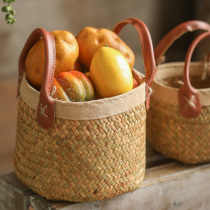 Leather binaural linen wrapped hand-held straw flower basket size two-piece home storage basket creative picnic basket