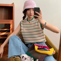 Small fragrant wind round neck short-sleeved T-shirt womens 2021 new summer Korean version of the fashion stripe hollow temperament sweet top