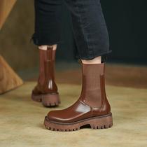 Wutong tree good-looking Korean version of retro skinny boots short boots female 2021 autumn and winter thick with Chelsea stretch boots