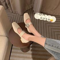 Sycamore big tree good-looking Korean version of rhinestone square buckle single shoes womens 2021 autumn square head thick heel medium heel four seasons shoes