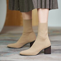 Wutong tree beautiful Korean version of retro elastic socks boots 2021 autumn and winter New thick heel pointed high heel boots