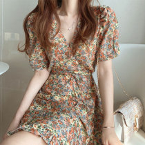 Canary Kiss orange floral dress womens summer new temperament V-neck short-sleeved waist thin skirt