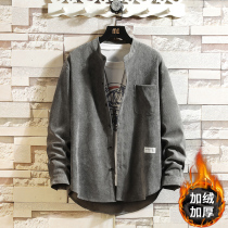 Plus velvet shirt men autumn and winter 2021 New stand collar shirt loose size corduroy coat thick warm clothes