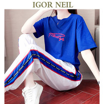 IGOR NEIL SPORTS SUIT WOMENS 2021 SPRING AND SUMMER NEW SUMMER AGE-REDUCING LEISURE RUNNING SUIT SHORT-SLEEVED TWO-PIECE SUIT