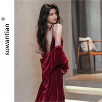 Morning robe female bride long sexy red wedding robe wedding bridesmaid winter velvet pajamas autumn and winter two sets