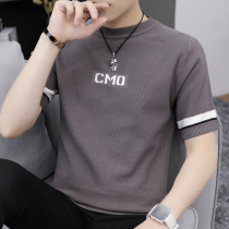 Knitted short sleeve mens round neck thin slim slim half sleeve sweater autumn and winter new trend Korean mens thread clothing Tide brand