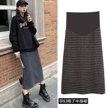  Pregnant womens skirts Spring and autumn trendy mothers wear fashion mid-length belly support buttock skirt split woolen plaid one-step skirt