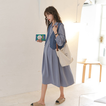 Vest shirt skirt set ~ maternity autumn 2021 New lapel lapel bottoming French slim dress